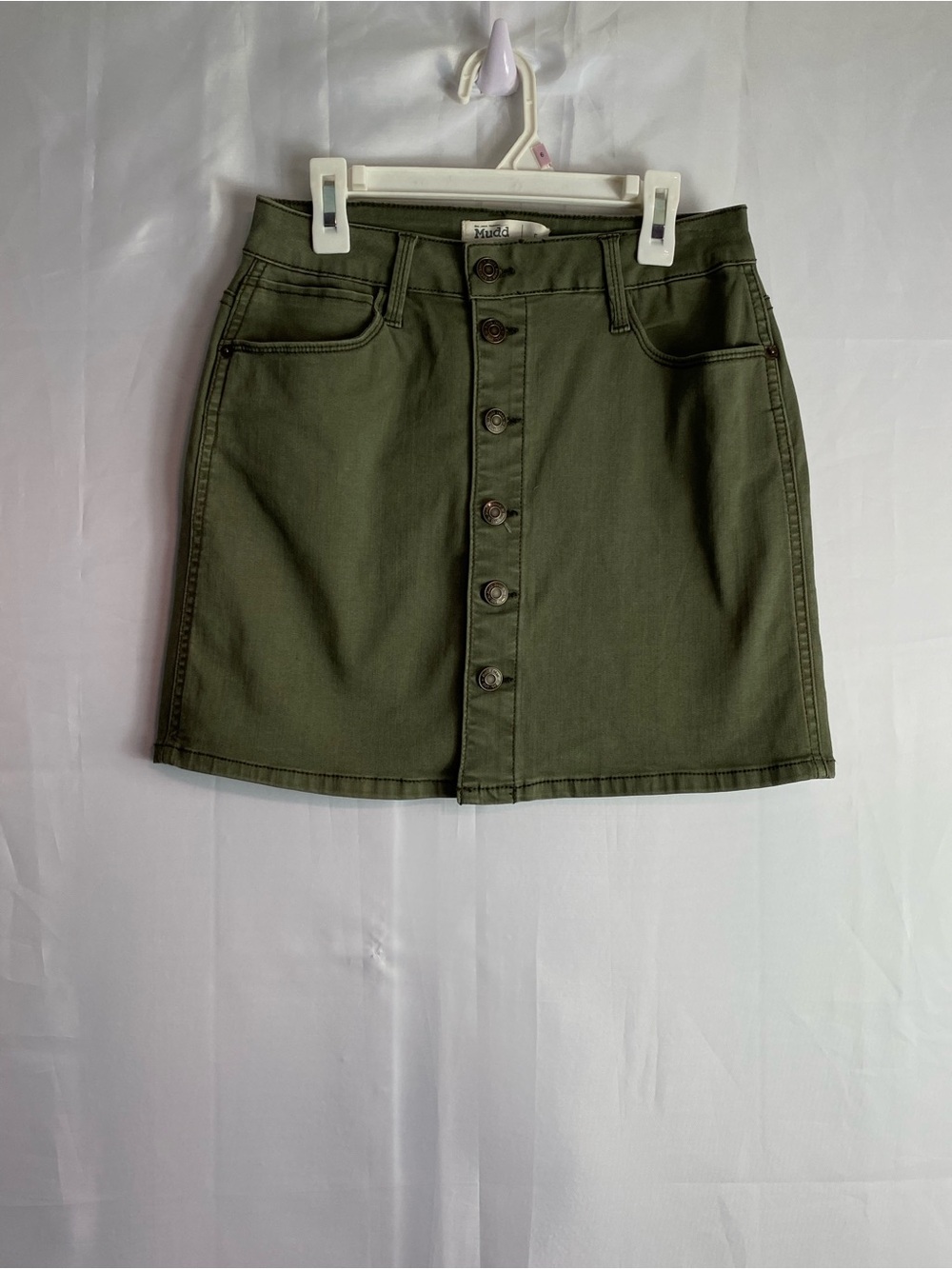 Mudd Olive Green Button-Front A‑Line Mini Skirt